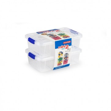 Set 2 buc mini cutii plastic depozitare cu capac si cleme albastre- 200 ml.