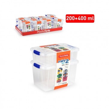 Set 2 buc mini cutii plastic depozitare cu capac si cleme albastre - 200 ml si 400 ml.