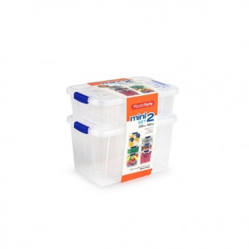 Set 2 buc mini cutii plastic depozitare cu capac si cleme albastre - 200 ml si 400 ml.