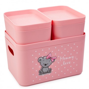 Set 3 cutii organizare camera copii MommyLove-roz, cutii din plastic, cutie din plastic cu manere, cutie depozitare cosmetice si obiecte mici