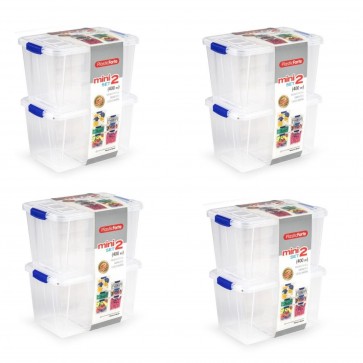 Set 8 buc mini cutii plastic depozitare cu capac si cleme albastre, 400 ml
