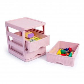 Organizator plastic,  cu 3 sertare, impletitura tip ratan, 13,5x17x17 cm, roz, Turia, Happymax