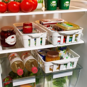Set 3 cosuri de organizare pentru frigider, plastic, alb, Cutie plastic pentru depozitare in bucatarie, frigider, baie sau birou. Happymax
