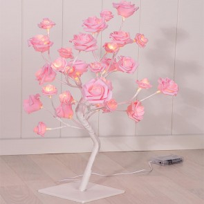 Copacel artificial trandafiri roz cu 32 leduri, inaltime 45 cm