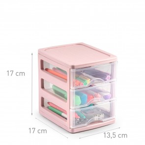 Organizator plastic,  cu 3 sertare, 13,5 x 17 x 17 , transparent - roz, Turia, Happymax