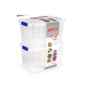 Set 2 buc mini cutii plastic depozitare cu capac si cleme albastre - 400 ml.